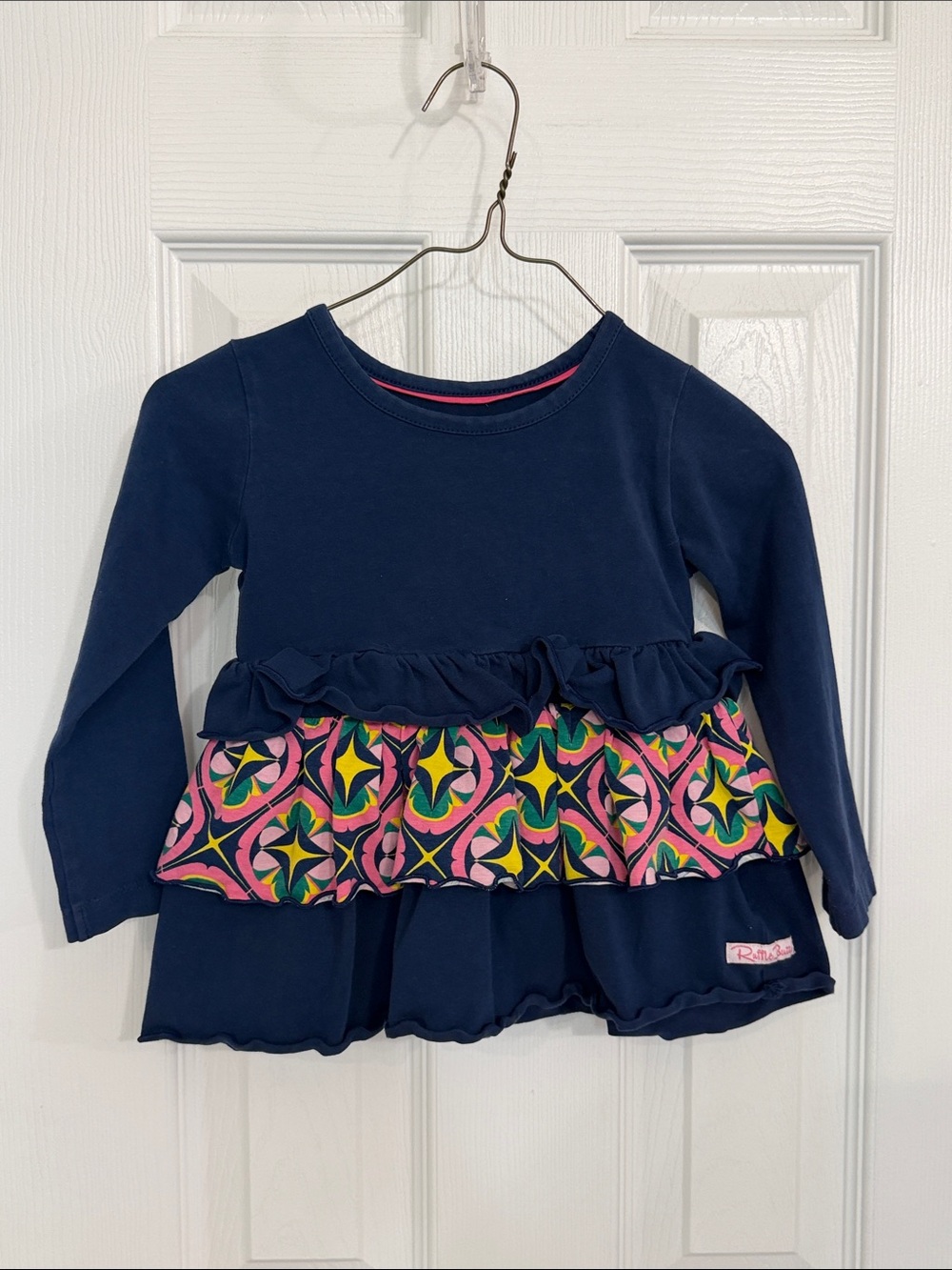 Ruffle Butts Navy Long-Sleeve Ruffle Top with Pink Multi-Color Geo Panel